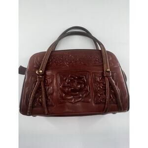 Vtg Aztec Hand Tooled Brown Leather Satchel Purse Mexico Mayan Boho Bag Roses